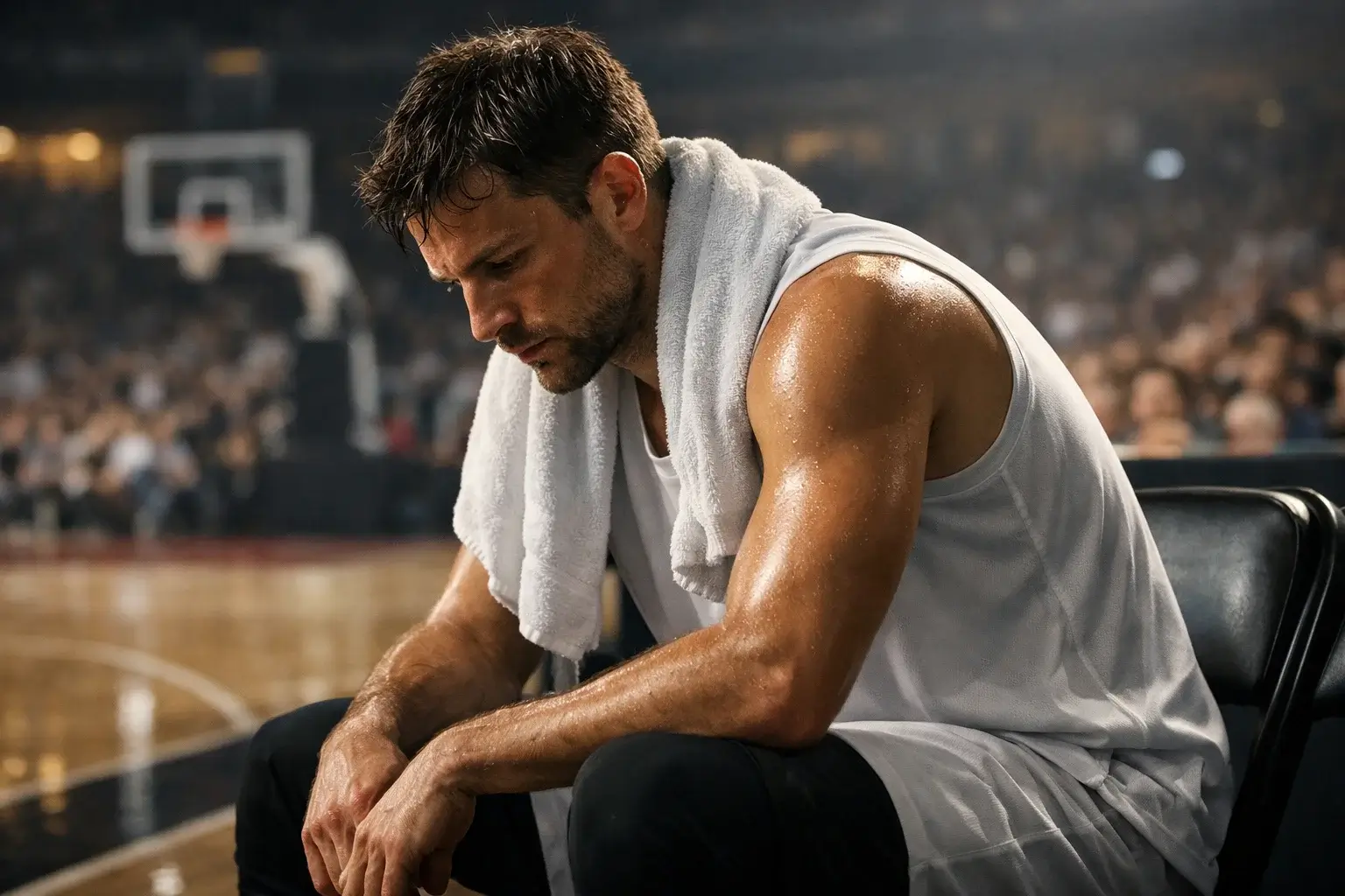 Giocatore di basket NBA stanco seduto in panchina durante una partita back-to-back