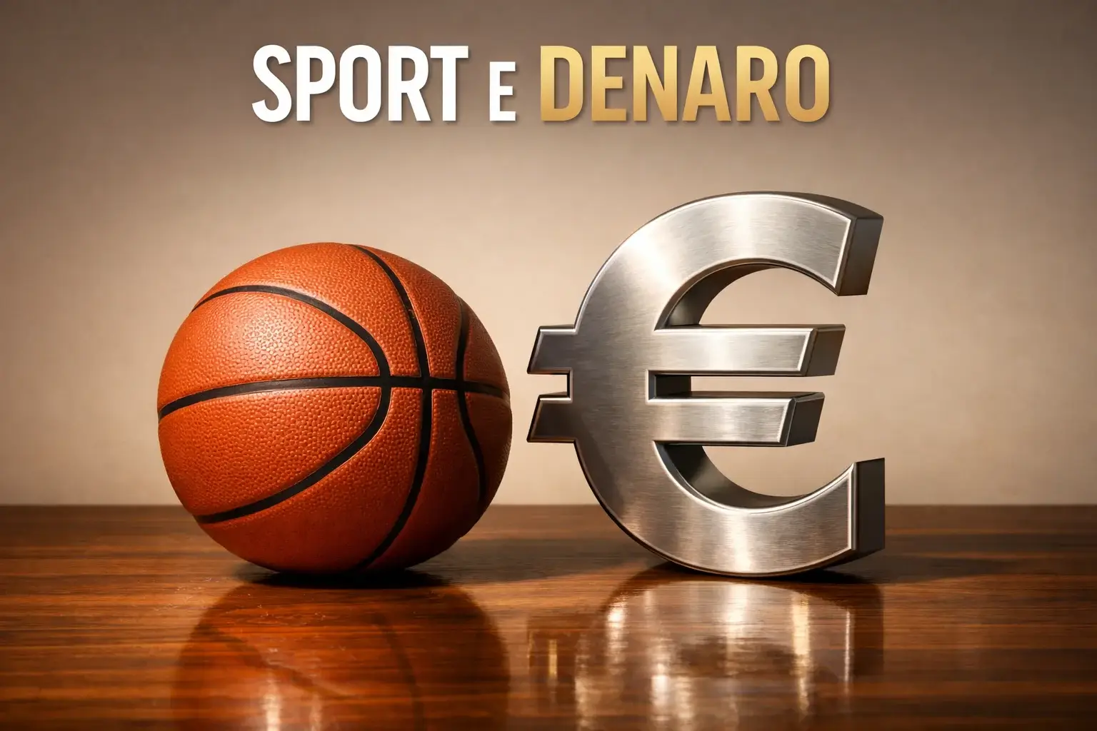 Pallone da basket NBA accanto a un simbolo euro su una superficie in legno