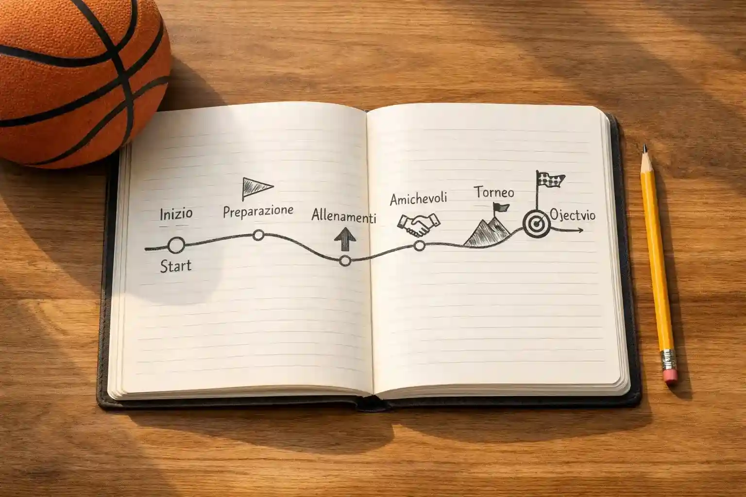 Blocco note con timeline della stagione NBA su una scrivania con un pallone da basket