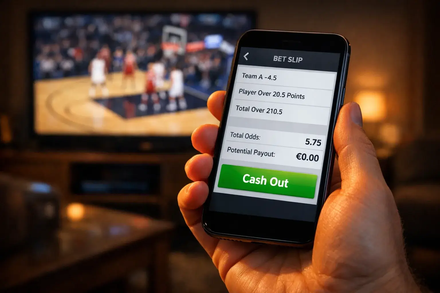 Mano che tiene uno smartphone con una scommessa NBA aperta e il pulsante cash out