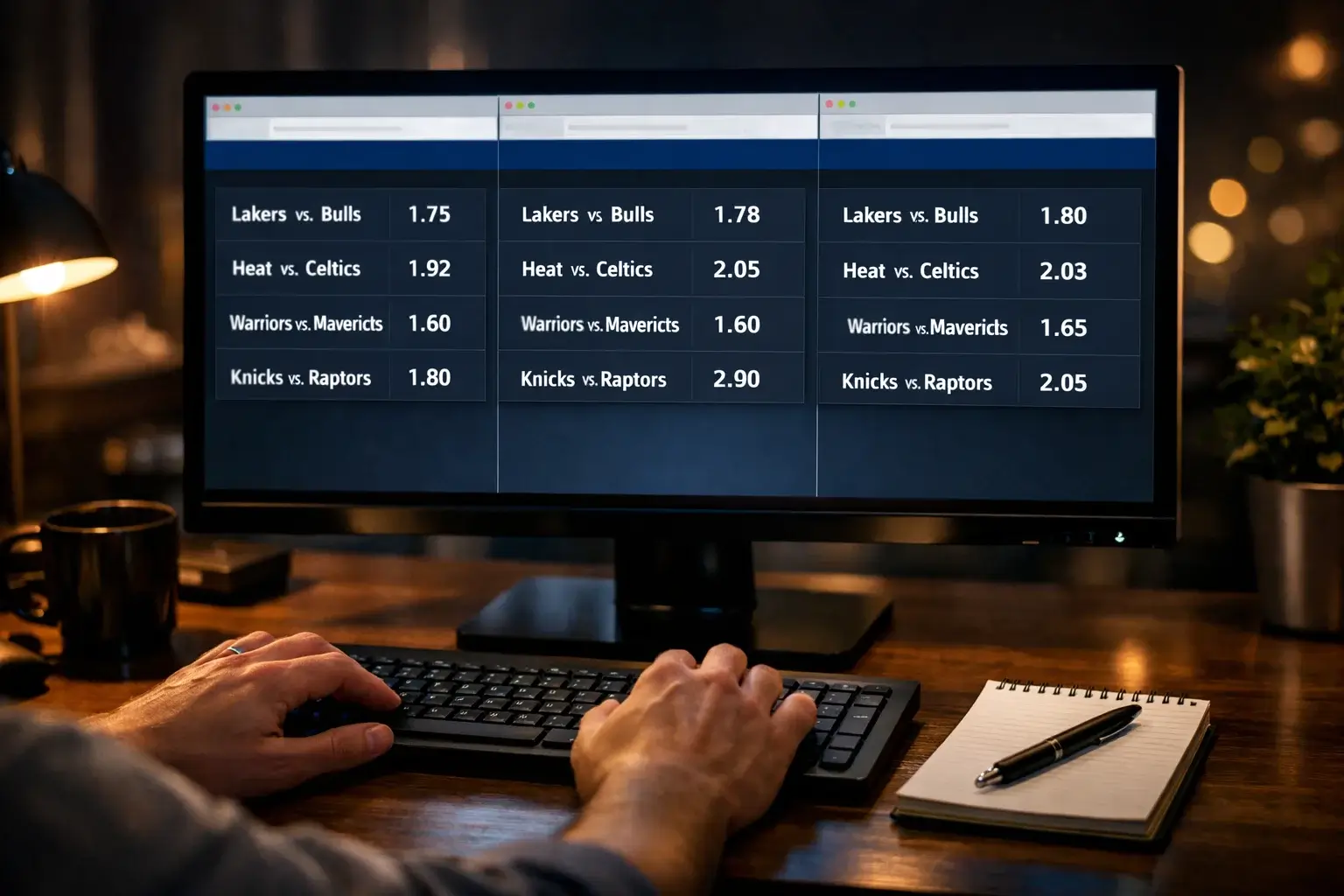 Schermo di computer con diverse quote NBA di bookmaker affiancate
