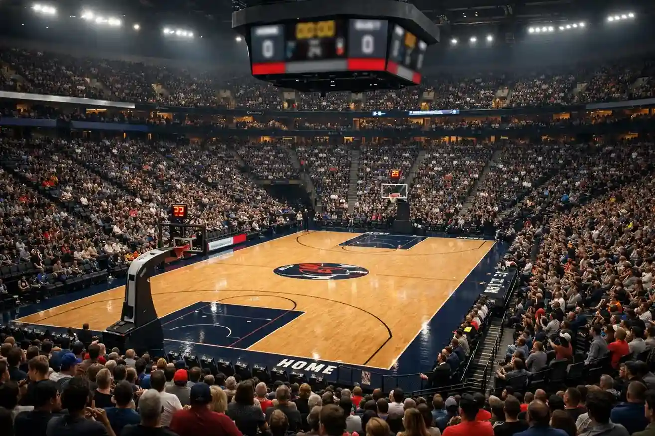 Arena NBA gremita di tifosi durante una partita di basket con il parquet illuminato