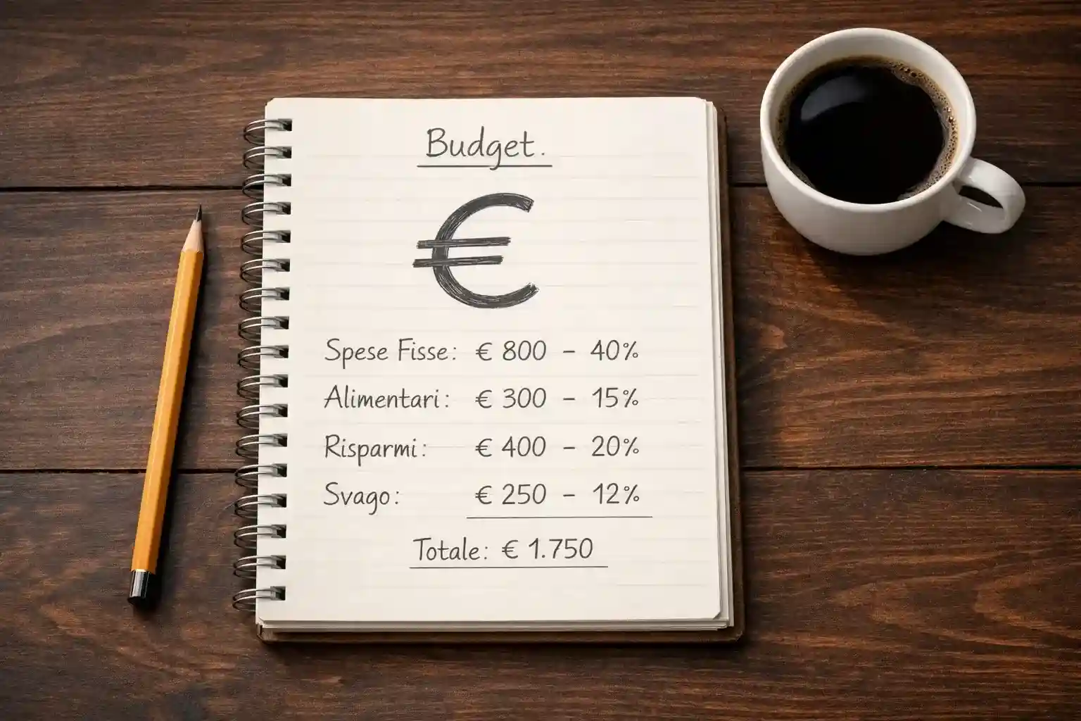 Persona che pianifica il proprio budget sportivo con appunti e simbolo € su un blocco note