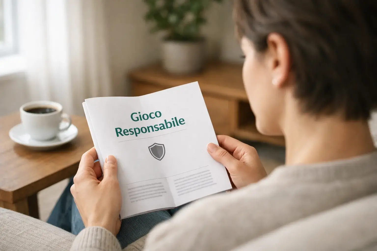 Persona che legge un documento informativo sul gioco responsabile in un ambiente sereno