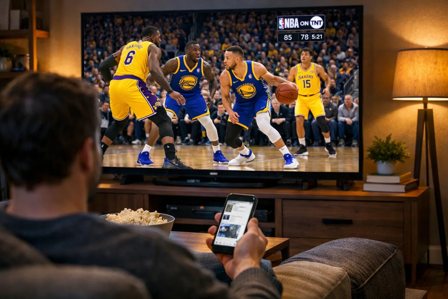 Tifoso che guarda partita NBA in diretta con smartphone per scommesse live