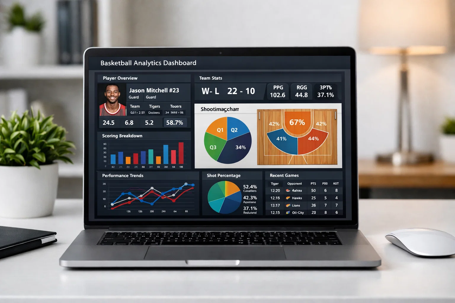 Dashboard di analisi statistica per scommesse NBA su laptop