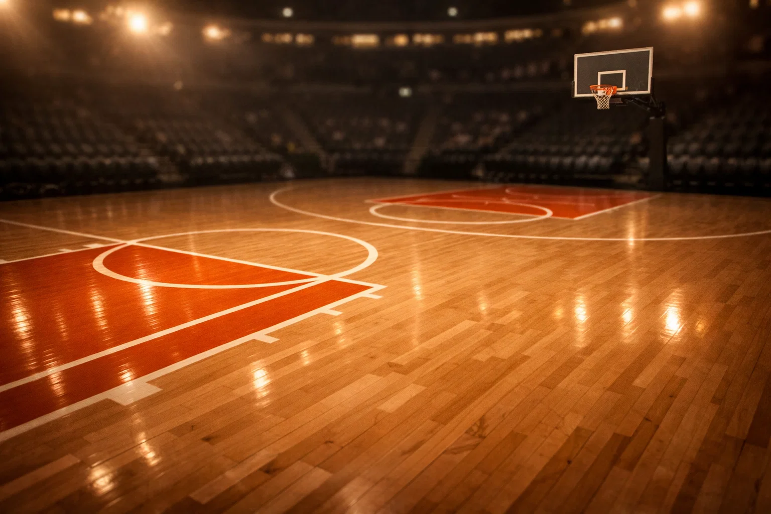 Campo da basket NBA illuminato durante una partita con atmosfera vibrante