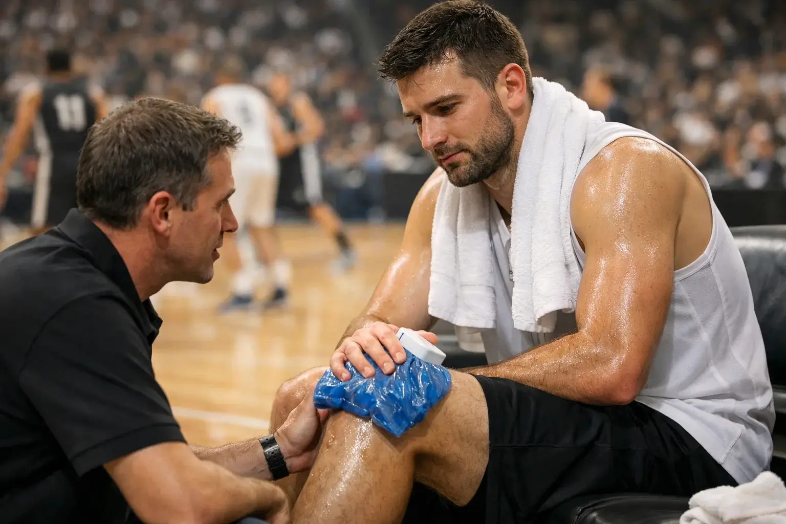 Giocatore di basket NBA seduto in panchina con ghiaccio sul ginocchio durante una partita