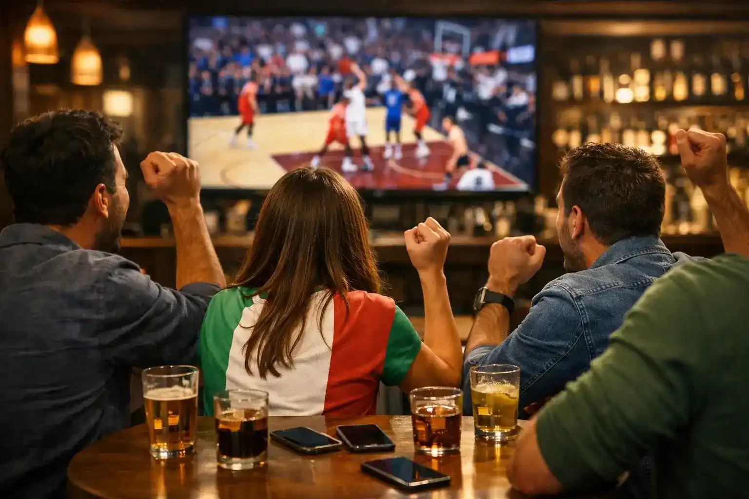 Tifosi italiani che guardano una partita NBA su un grande schermo in un locale sportivo