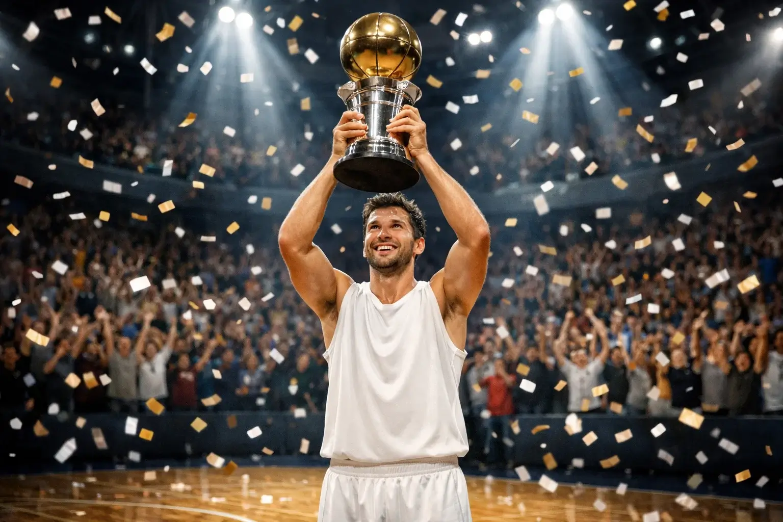 Giocatore di basket NBA che alza un trofeo MVP sotto le luci dell'arena