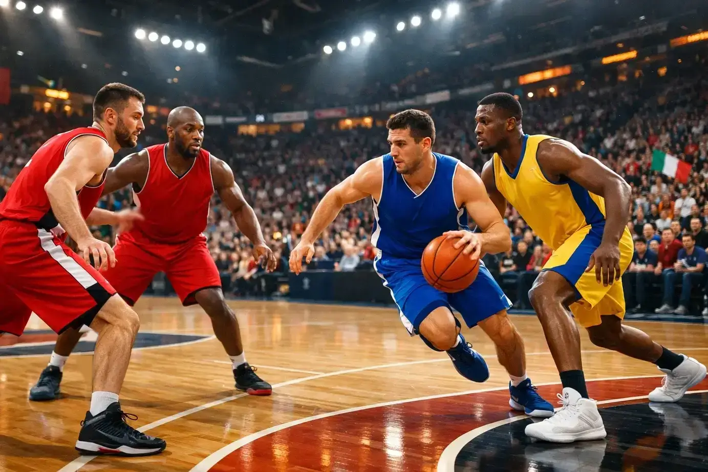Giocatori NBA All-Star in campo durante il riscaldamento con maglie colorate