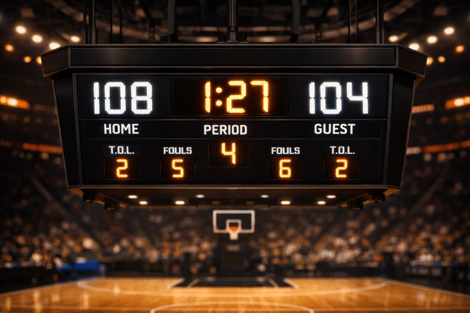 Tabellone con punteggi NBA e schermo che mostra statistiche di gioco