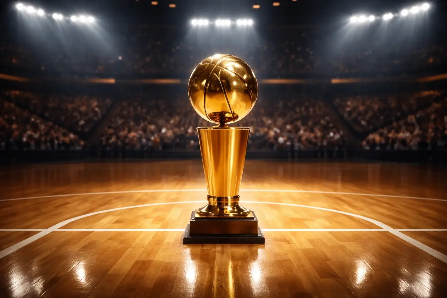 Trofeo NBA Cup su un campo da basket con illuminazione da torneo