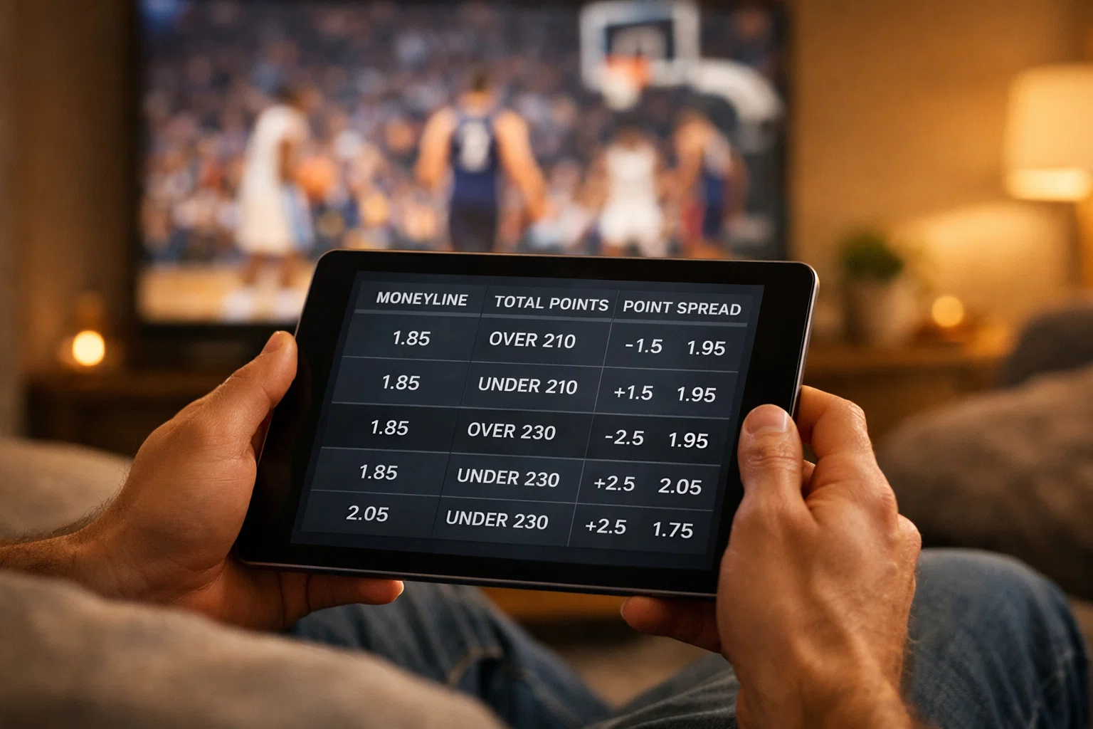 Persona che confronta quote su tablet con partita NBA in sottofondo