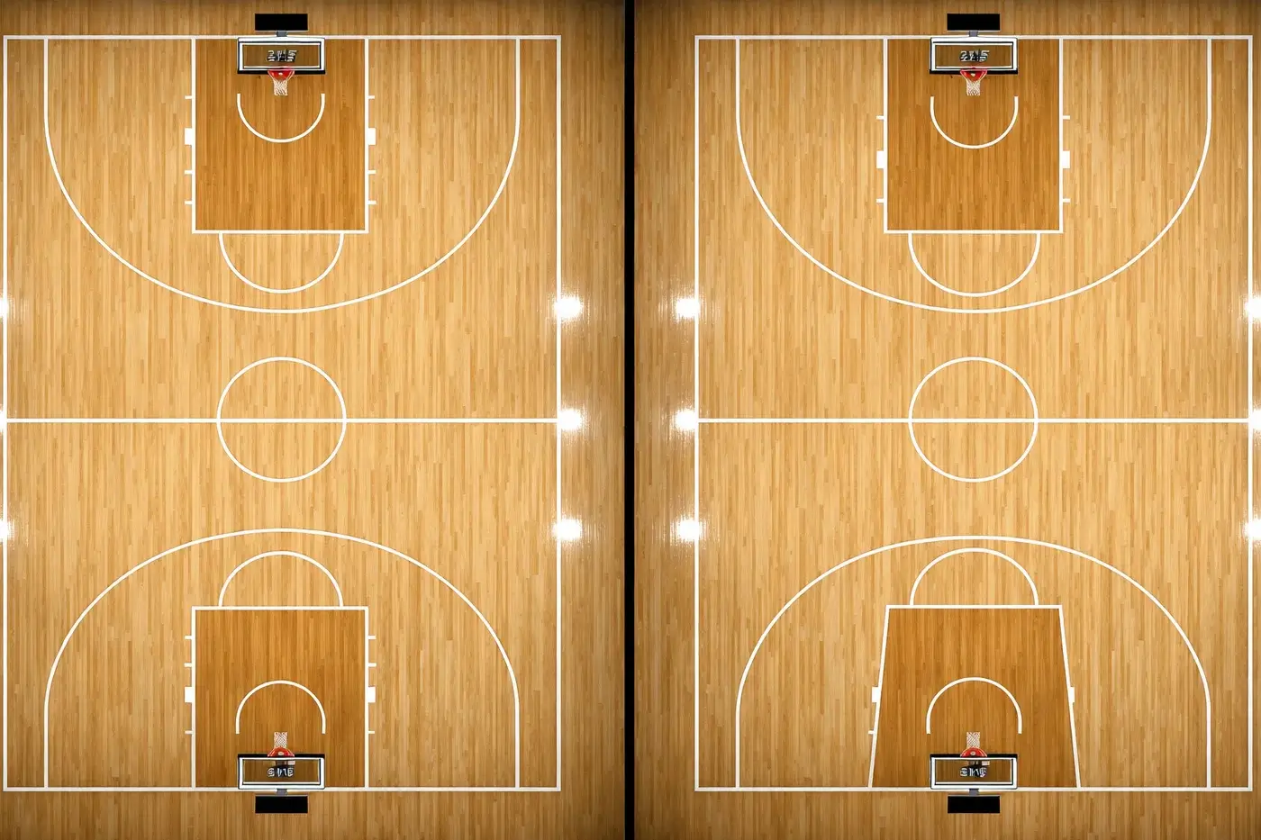 Due campi da basket affiancati, uno NBA e uno Euroleague, visti dall'alto
