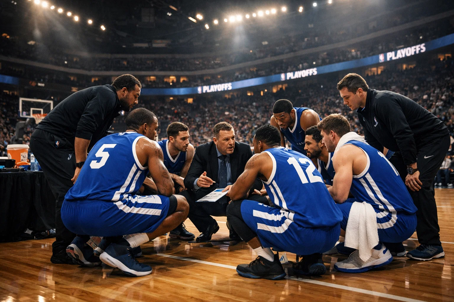 Squadra NBA in timeout durante una partita di playoff