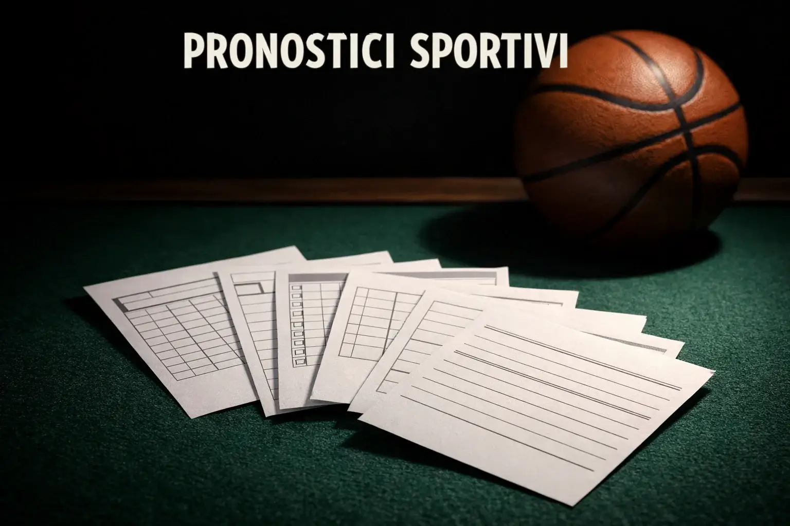 Diverse schedine di scommessa sul basket disposte a ventaglio su un tavolo