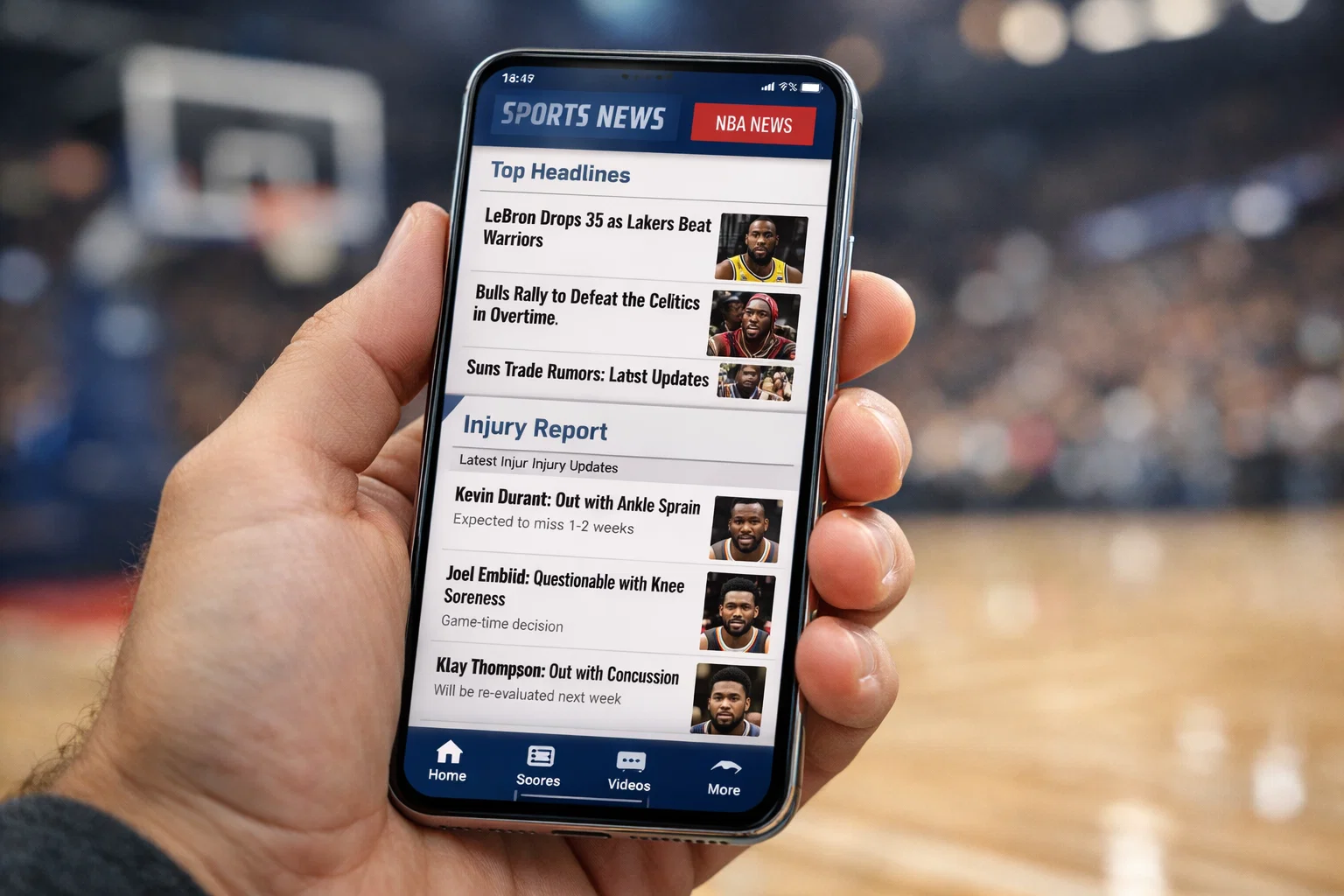 App di notizie sportive NBA con aggiornamenti e report infortuni