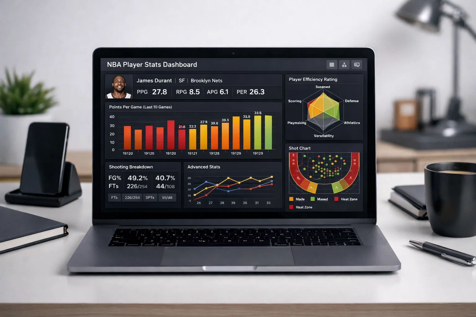 Dashboard con statistiche avanzate dei giocatori NBA