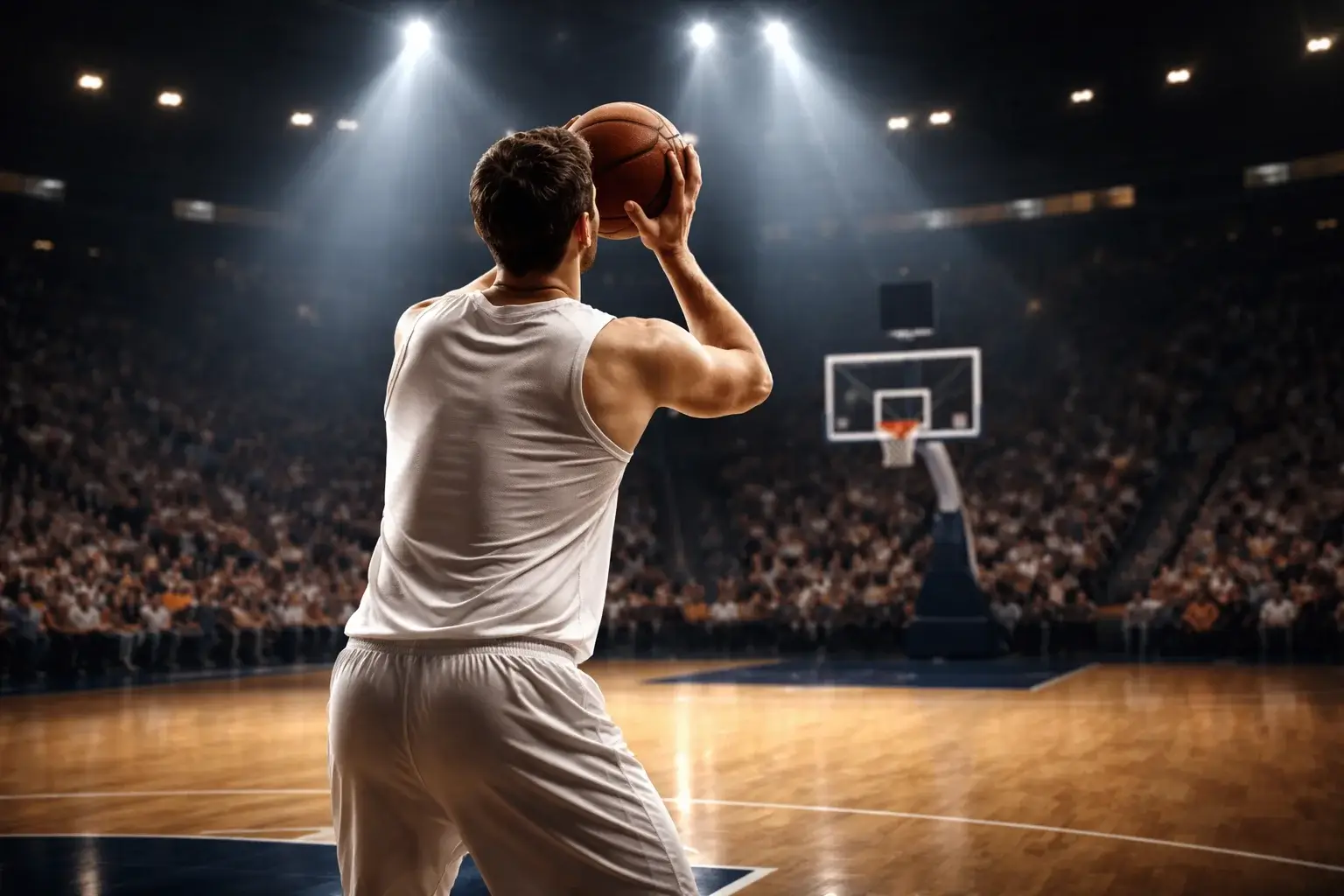 Giocatore NBA al tiro libero sotto i riflettori del palazzetto con il pubblico sullo sfondo