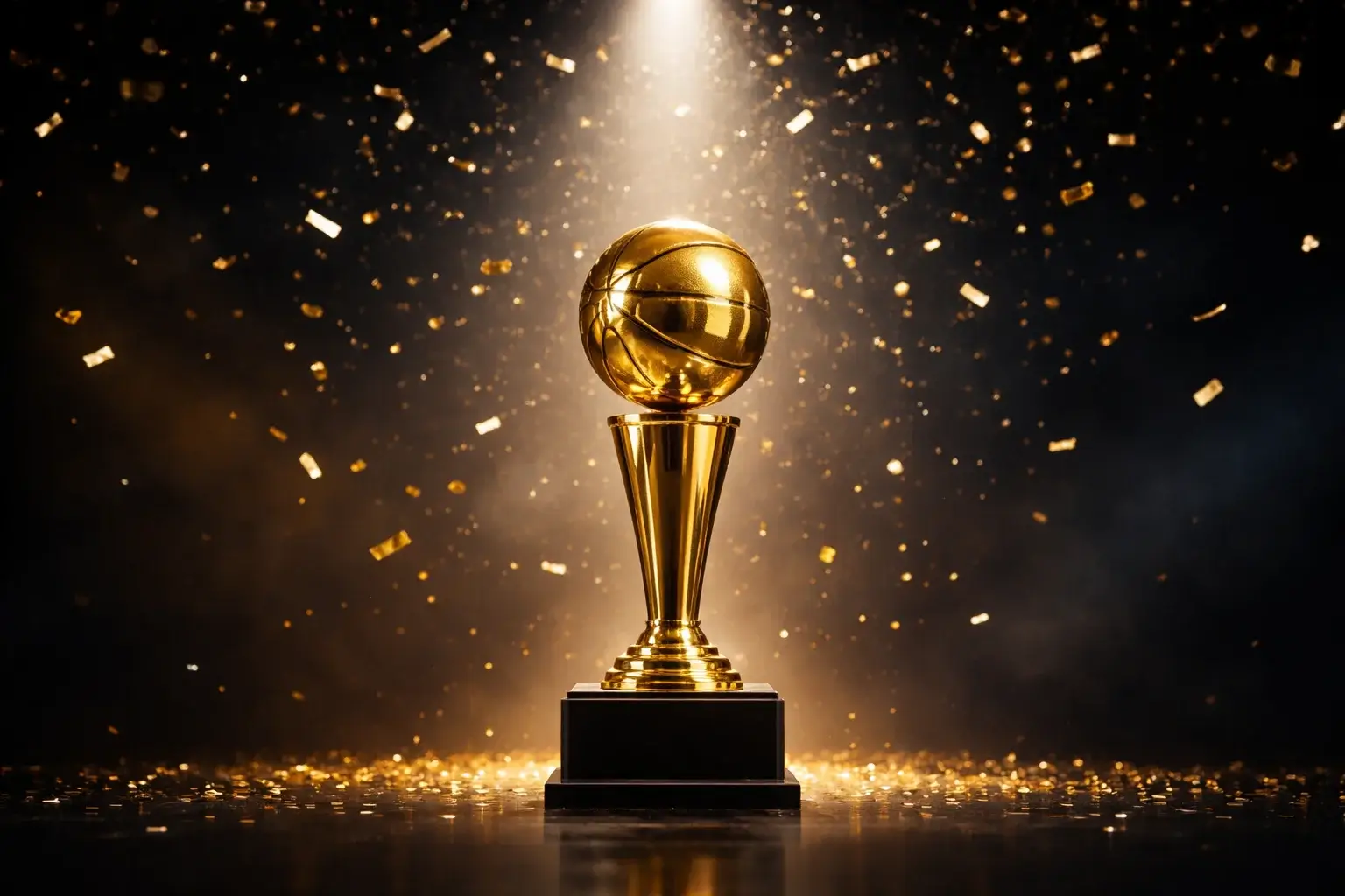 Trofeo Larry O'Brien NBA illuminato su un palco con confetti dorati che cadono