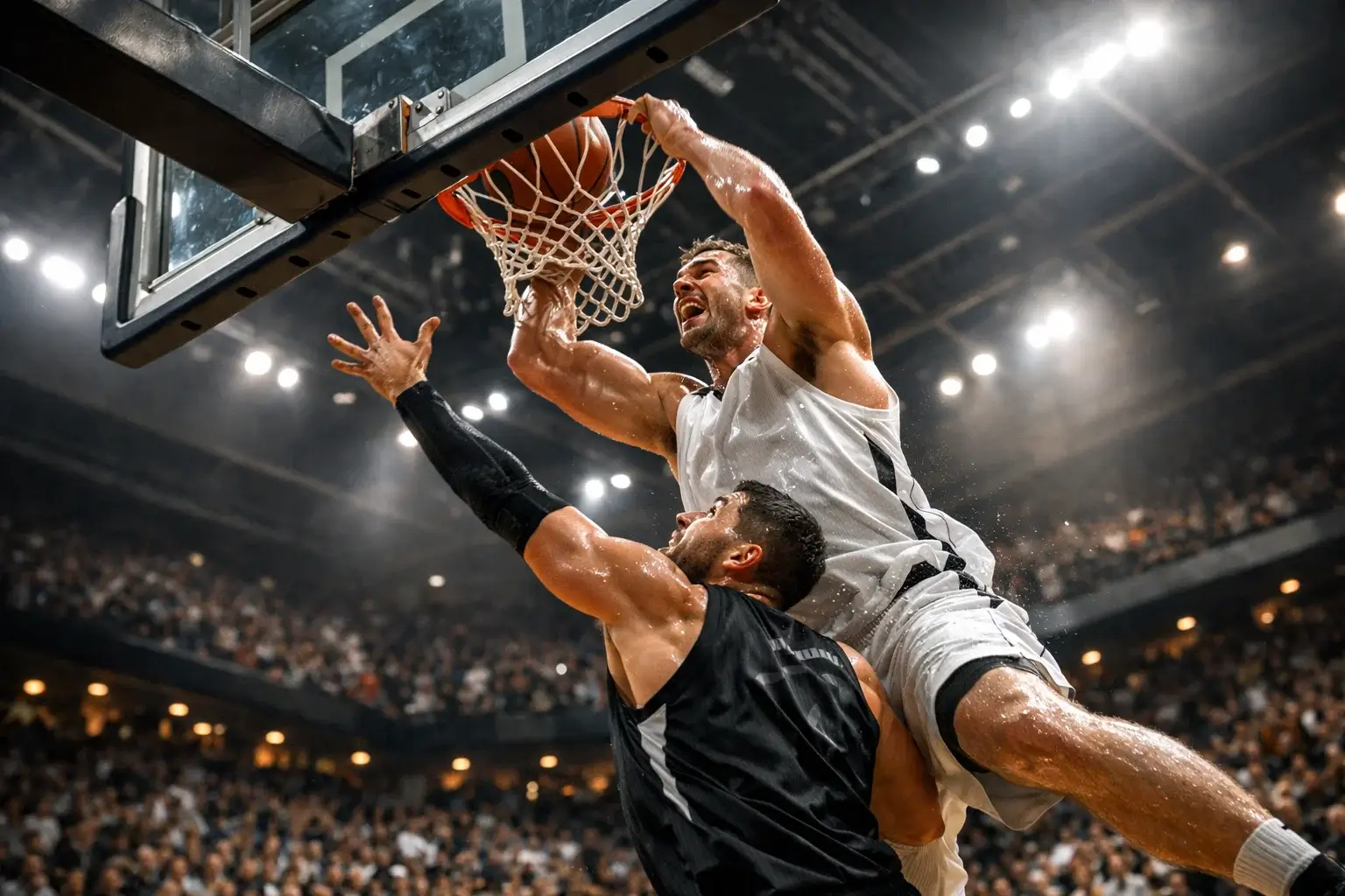 Giocatori NBA in un'azione sotto canestro durante una partita con grande differenza di punteggio