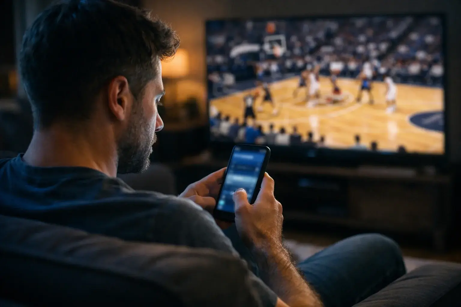 Tifoso che segue una partita NBA in diretta sullo smartphone con le quote aggiornate in tempo reale