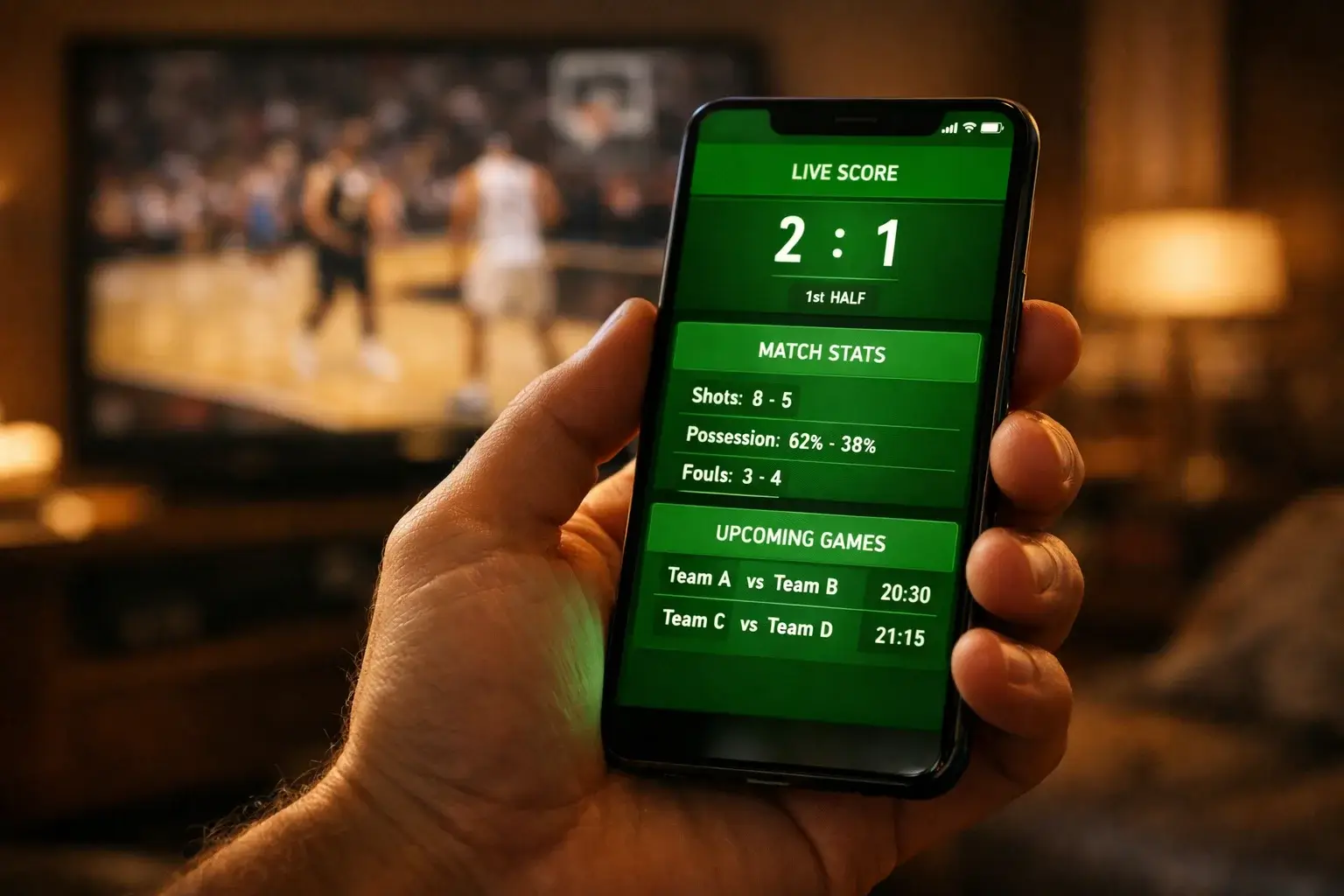 Mano che tiene uno smartphone durante una partita NBA con un campo da basket sullo sfondo