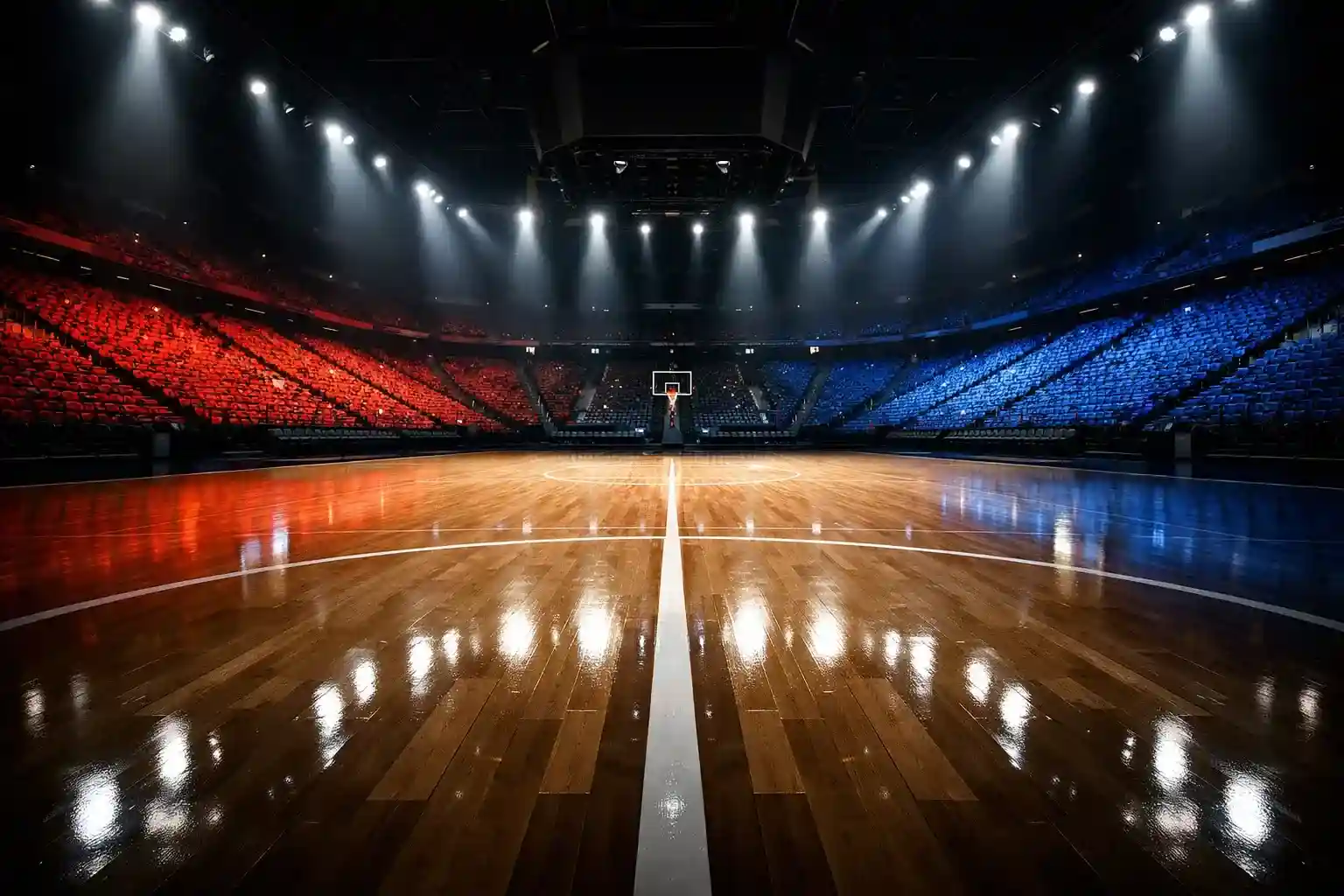 Campo da basket NBA illuminato durante una partita di playoff con atmosfera intensa