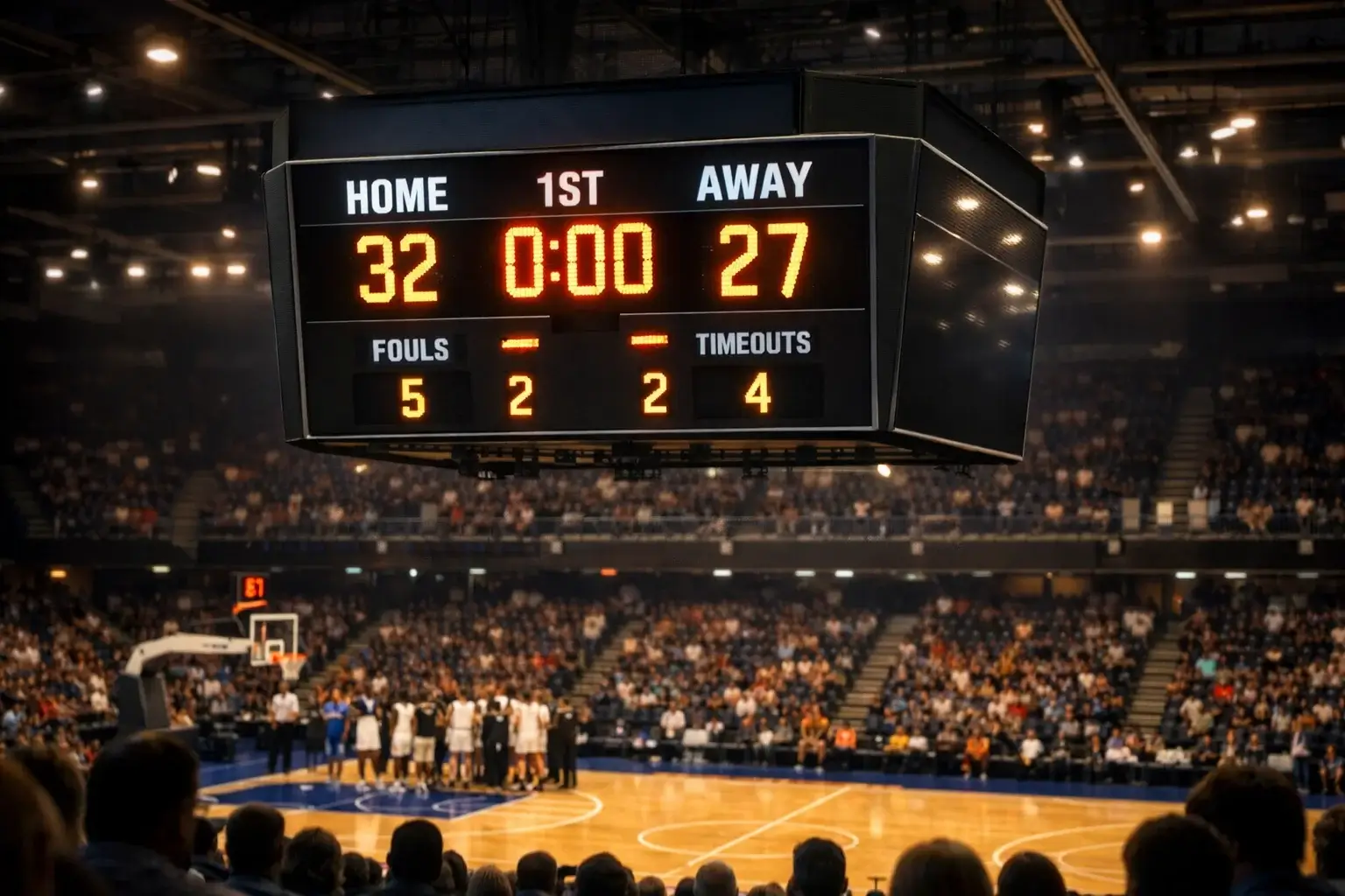 Tabellone segnapunti NBA che mostra il punteggio del primo quarto di una partita
