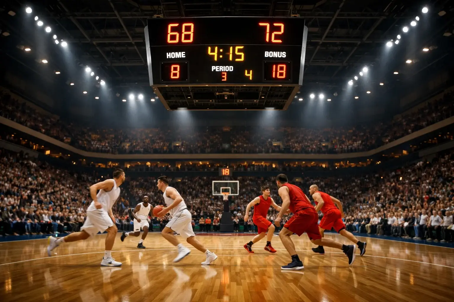 Tabellone segnapunti NBA illuminato durante una partita di basket con giocatori in azione