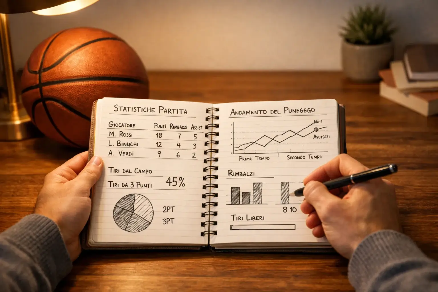 Analista che studia statistiche NBA su un quaderno con grafici e appunti