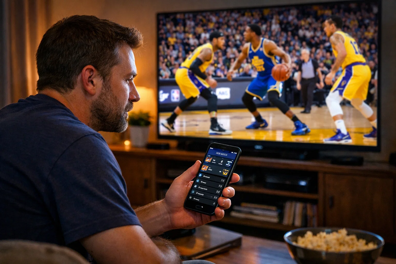 Tifoso che segue partita NBA in diretta per scommesse live
