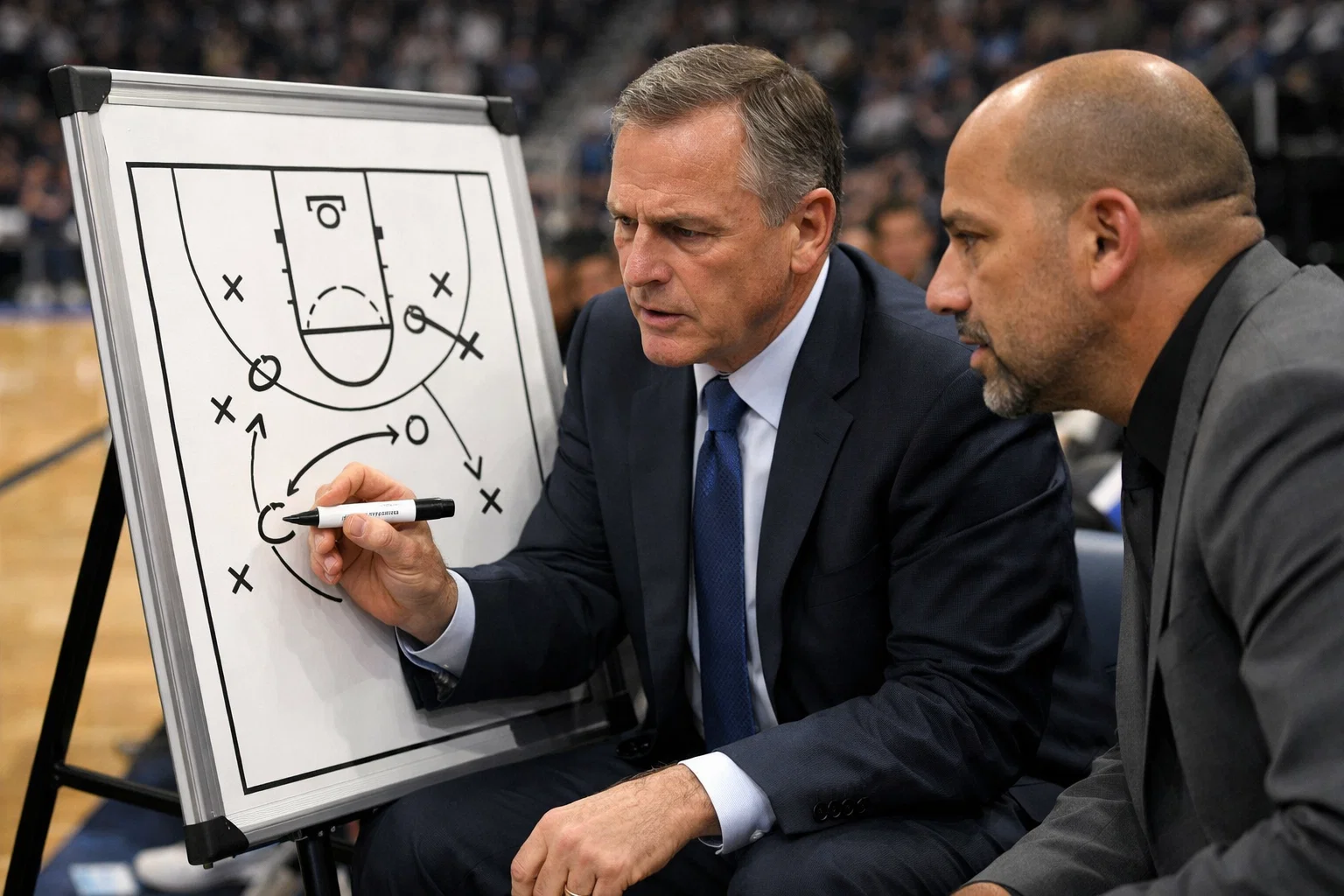 Allenatore NBA che disegna schemi tattici alla lavagna