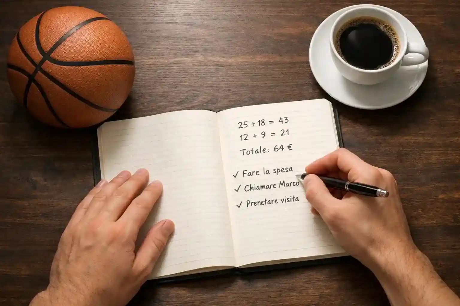 Persona che analizza quote NBA su un blocco appunti con una penna in mano